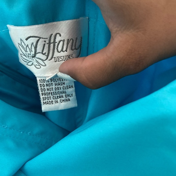 Tiffany Designs Bright Light Blue & Gold One Shoulder Maxi Formal Prom Dress - Picture 7 of 12